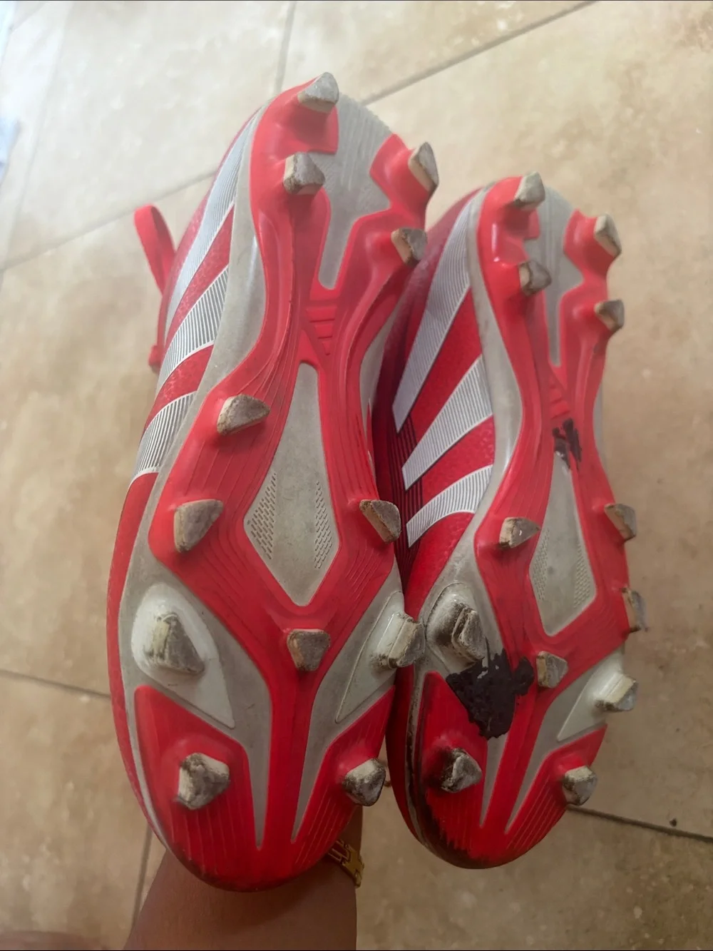 adidas Kids Red Soccer Sneakers with White Stripes